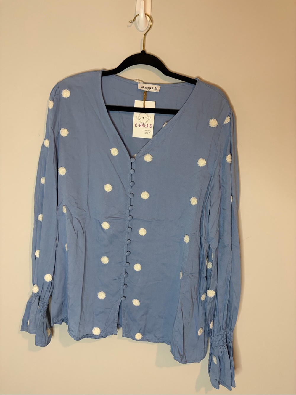Boutique Vneck Viscose Blue blouse with white polka dots Size L